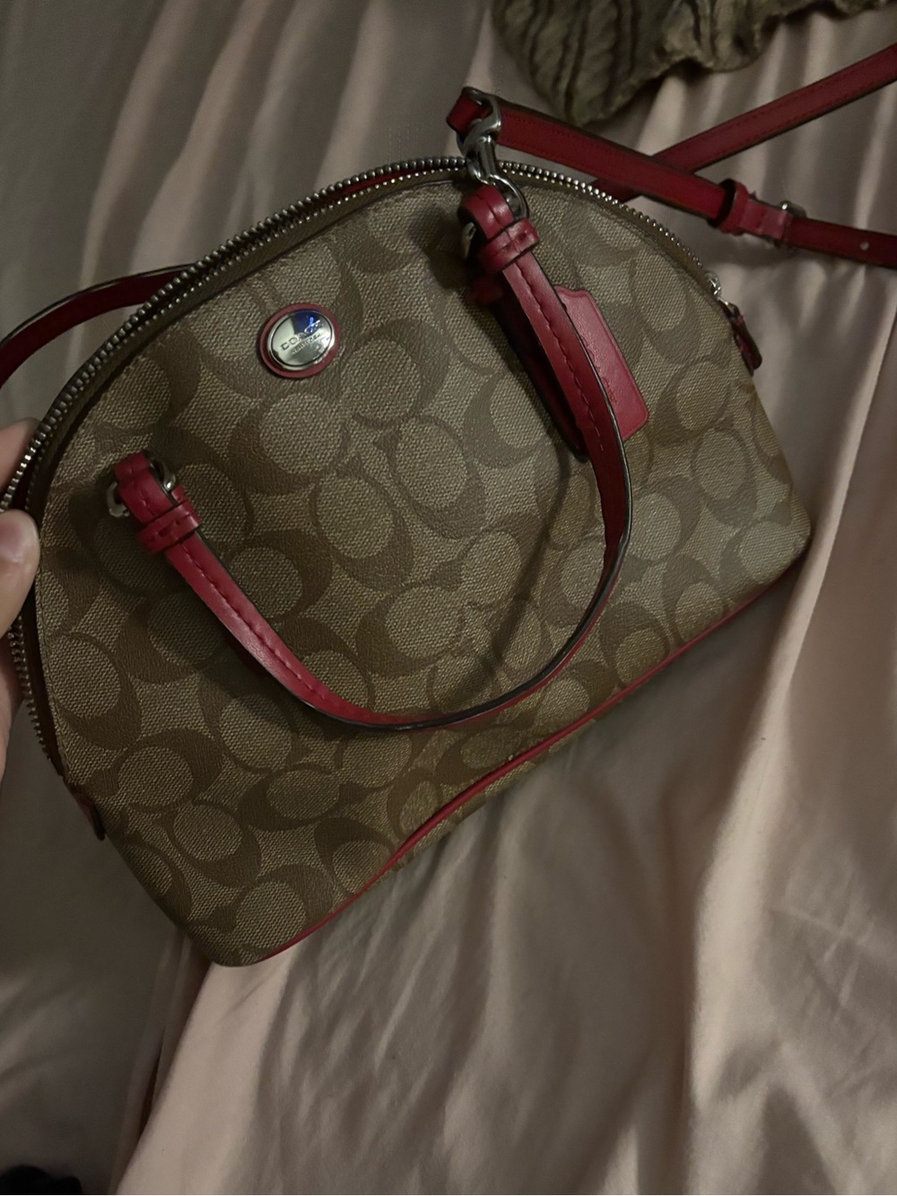 Coach Brown Signature Dome Crossbody with Red Trim